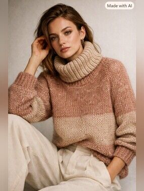 St Michael Mohair Wool Blend Beige Peach Marled Cowl Neck Vintage Sweater 14